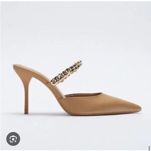 ZARA Nude Gold Tone Chain Heeled Mules Stiletto Sz 40